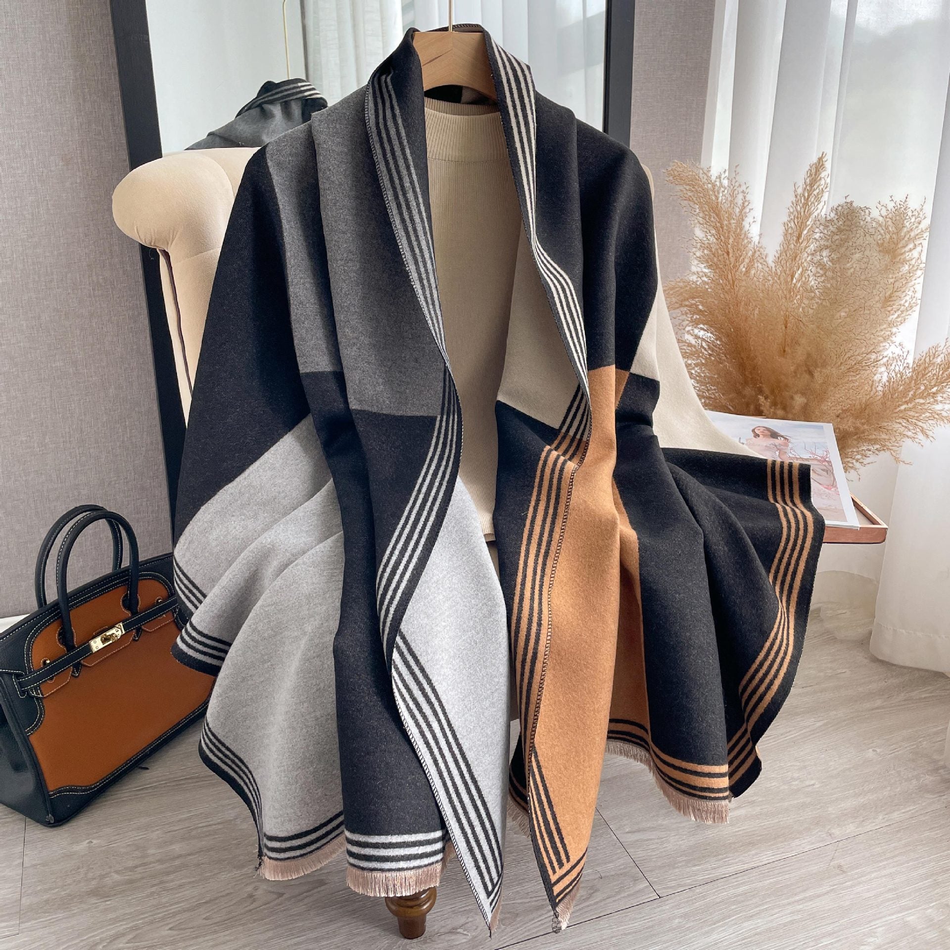 Color-Block Faux Cashmere Scarf & Shawl